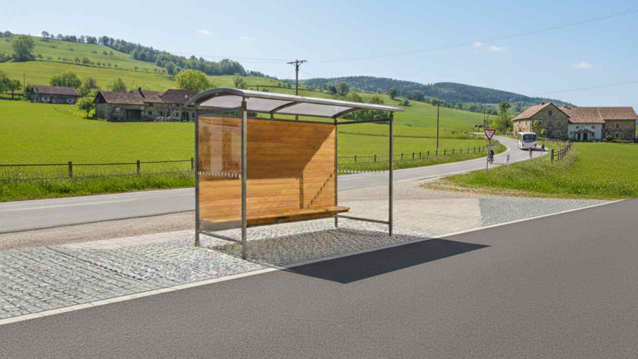 Autobusová zastávka  s dřevěnou výplní Theromowood 